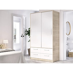 Pegane Armoire, meuble de rangement en bois mélaminé avec 2 portes coulissantes et 4 tiroirs coloris chêne naturel, blanc - Longueur 120 x Profondeur 60 x Hauteur 204 cm pas cher