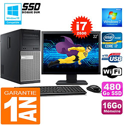 PC Tour DELL 7010 Core I7-2600 Ram 16Go Disque 480 Go SSD Wifi W7 Ecran 22"