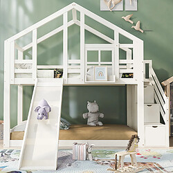 KOMHTOM Lit d'enfant Lit maison cabane avec tiroir et protection antichute 90 x 200 cm,Lit mezzanine pour enfant avec protection antichute 2x sommier à lattes- 2 places de couchage- Blanc