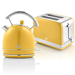 Retro Set Petit-Déjeuner Bouilloire 1,8L Sans fil, Grille-Pain 2 Larges Tranches, 850, Jaune, SWAN, STP7050YELNEU