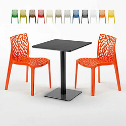 Grand Soleil Table carrée 60x60 noire avec 2 chaises colorées Gruvyer Licorice, Couleur: Orange