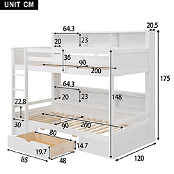 Avis Sweiko Lits superposés 90x200cm Lits d'enfant Avec tiroirs et rangements Blanc