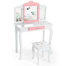 Helloshop26 Ensemble coiffeuse et tabouret pour enfants miroir à 3 volets amovible table de maquillage avec tiroir blanc 20_0005023