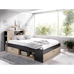 Vente-Unique Lit avec tête de lit rangements et tiroirs - 180 x 200 cm - Coloris : Naturel et anthracite + Sommier - LEANDRE