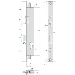 Stremler Serrure 3 points pêne dormant à rouleau coffre de 45mm pour tringle plate