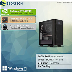 Sedatech Pack Workstation Pro • AMD Ryzen 7 7700X • RTX4070Ti • 64 Go DDR5 • 2To SSD M.2 • Windows 11 • Moniteur 28"