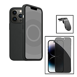 PHONECARE Kit Film Verre Trempé 5D Anti-Spy + Coque Silicone Liquide + Support Magnétique L Safe Driving Voiture pour Apple iPhone 15 Plus - Noir 