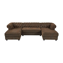 Avis Vente-Unique Canapé d'angle panoramique en microfibre aspect cuir vieilli CHESTERFIELD