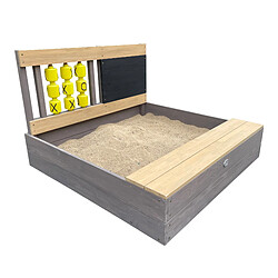 AXI Kitty Bac à sable en bois avec banc, espace de rangement, jeux du morpion | Bac à sable en anthracite et marron avec tapis de sol | 100 x 100 cm