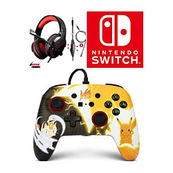 Power A Manette filaire SWITCH Pokémon Pikachu Miaouss MEOWTH Officielle Nintendo avec Câble USB détachable + CASQUE SWITCH ROUGE NOIR