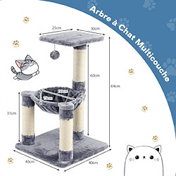 Avis Helloshop26 Arbre à chat avec griffoir de sisal hamac confortable balle suspendue à jouer grande plate-forme 40 x 40 x 64 cm gris 20_0007657