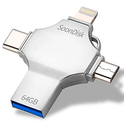 Wewoo Clé USB iPhone iDisk 4 en 1 64 Go USB 3.0 + 8 broches + USB double usage Mirco USB + USB-C / Type-C avec fonction OTG 