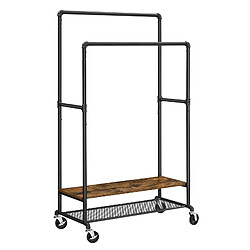 Helloshop26 Portant à vêtements porte-manteau extensible support habits sur roulettes avec 2 barres façon tuyaux style industriel 175 cm marron rustique et noir 12_0002350