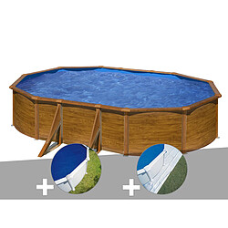 Kit piscine acier aspect bois Gré Pacific ovale 6,34 x 3,99 x 1,22 m + Bâche à bulles + Tapis de sol