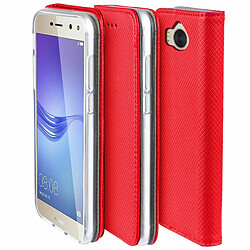 Moozy Case Flip Cover pour Huawei Y6 2017, Rouge - Étui à Rabat Magnétique Intelligent avec Porte-Cartes et Support