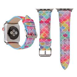 Wewoo Fish Scale Glitter - Bracelet en cuir véritable avec boucle en acier inoxydable pour Apple Watch séries 3 et 2 & 1 42 mm (bleu) 