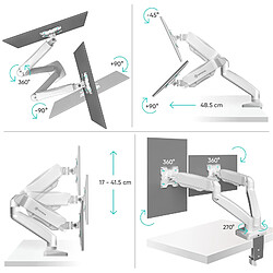 ONKRON Support Double Ecran PC pour 13 - 32 Pouces Moniteur & TV, Bras Ecran PC 2 Ecran Poids de 8 kg Chacun - Pied Ecran PC Double VESA 75x75 & VESA 100x100 mm/Double Support Ecran Gaz G160-W Blanc