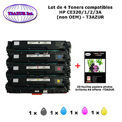 4 Toners génériques HP CE320A, CE321A, CE322A, CE323A + 20f papiers photos A6 -T3AZUR 