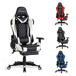 Fauteuil gamer Foxsport, chaise gaming inclinable avec repose-pieds télescopique,accoudoirs2D, support lombaire et appui-tête, Blanc et Noir