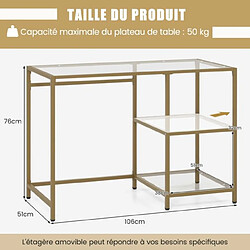 Helloshop26 Bureau transparent à 2 étagères 106 x 51 x 76 cm en verre trempé cadre en métal doré style scandinave moderne or 20_0002109