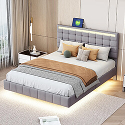 ComfortXL Lit Rembourré 140 X 200 Cm Avec Éclairage LED Et Design De Tête De Lit, Lit Double Confortable En