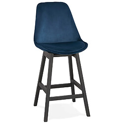 Alterego Tabouret snack mi-hauteur 'MORISS MINI' en velours bleu et pieds en bois noir