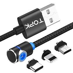 Wewoo 1 m2,4 A USB max. vers iPhone Lightning iPhone 8 broches + câble de charge magnétique 90 coudes de câble USB avec coudée / type C + indicateur à LED noir