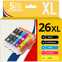 123CONSOMMABLES - 26XL - Pack 5 Cartouches d'encre compatibles avec Epson pour Epson Expression Premium XP-510 XP-520 XP-600 XP-605 XP-610 XP-615 XP-620 XP-625 XP-700 XP-710 XP-720 XP-800 XP-810