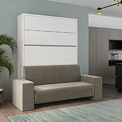 Inside 75 Armoire lit escamotable PALACE SOFA 140*200 cm blanc mat canapé taupe MECANIQUE SEDAC MERAL 