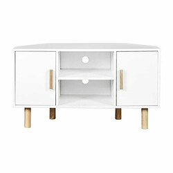 Meuble TV d'angle LILA - 2 portes - Décor mélaminé Blanc - Pieds en bois massif - L90 x P35 x H55 cm