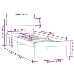 vidaXL Cadre de lit bois massif 75x190 cm petit simple pas cher