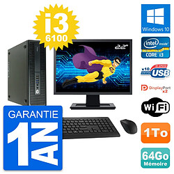 PC HP 600 G2 SFF Ecran 22" Intel i3-6100 RAM 64Go Disque Dur 1To Windows 10 Wifi - Occasion