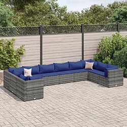 vidaXL Salon de jardin 10 pcs avec coussins Gris Résine tressée 