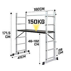 Helloshop26 Échafaudage et échelle multifonction 4 en 1 mobile réglable en hauteur 102 cm en aluminium charge max 150 kg 2 entretoises et main courante plate forme de travail 01_0000067 