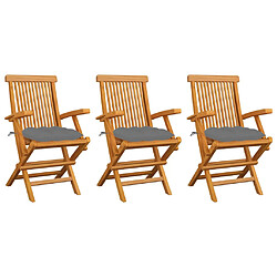 vidaXL Chaises de jardin avec coussins gris lot de 3 Bois teck massif