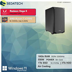 Sedatech PC de bureau • AMD Ryzen 7 4700G • Radeon Vega • 16Go RAM • 1To SSD M.2 • 3To HDD • Windows 11