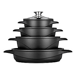 Batterie de Cuisine Induction 8 pièces Aluminium Fonte, 3 Casseroles, Couvercles, , Noir, Smile, MGK-17