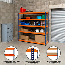 Monstershop S-Rax Rayonnage à 5 Étagères – 180 cm x 180 cm x 60 cm Rayonnage Garage S-Rax – Rangement Industriel Robuste & Ajustable 5 Étages 180 x 180 x 60cm – Capacité 300kg / étage – 100% sans boulons [Pieds en caoutchouc antidérapants & 3 supports transversaux]