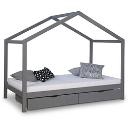 Homestyle4U Lit enfant avec matelas 90x200 Lit cabane Lit enfant Lit en bois Gris Tiroir de lit bébé