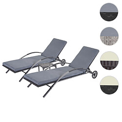 Mendler 2x Chaises longues HWC-E27 en polyrotin ~ noir, coussins gris foncé