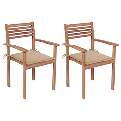 vidaXL Chaises de jardin lot de 2 et coussins beige Bois teck massif