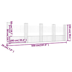 vidaXL Panier de gabion en forme de U avec 5 poteaux Fer 500x20x150 cm pas cher