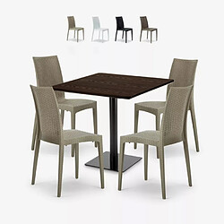 Grand Soleil Ensemble Table Bois 90x90cm Horeca et 4 Chaises Empilables Poly RotinBar Restaurant Café Barrett - Beige