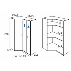 Inside 75 Armoire d'angle pan-coupé 2 portes 170,3 x 220 cm finition chêne blanchis porte droite pliante intérieur double