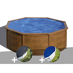 Kit piscine acier aspect bois Gré Pacific ronde 3,70 x 1,22 m + Bâche d'hivernage + Bâche à bulles