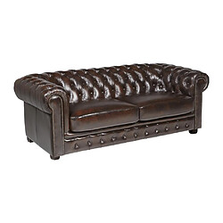 Avis Vente-Unique Canapé chesterfield 3 places BRENTON 100% cuir de buffle - Marron reflets châtains