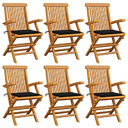 vidaXL Chaises de jardin avec coussins noir lot de 6 Bois teck massif