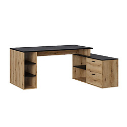 Pegane Bureau d'angle en mélamine coloris imitation chêne rustique / noir - Longueur 183 x profondeur 141 x Hauteur 75 cm