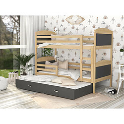 Avis Kids Literie Lit Superposé 3 Places Mateo 90x190 Pin - gris Livré avec sommiers, tiroir et matelas en mousse de 7cm