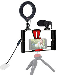 Wewoo Cage de stabilisation 3 in 1 Vlogging Diffusion en direct Smartphone Rig vidéo + Microphone + Kits de lumière Selfie de 4,7 pouces à anneau de 12 cm avec tête froide pour trépied iPhoneGalaxyHuaweiXiaomiHTCLGGoogle et autres téléphones intelligents Rouge